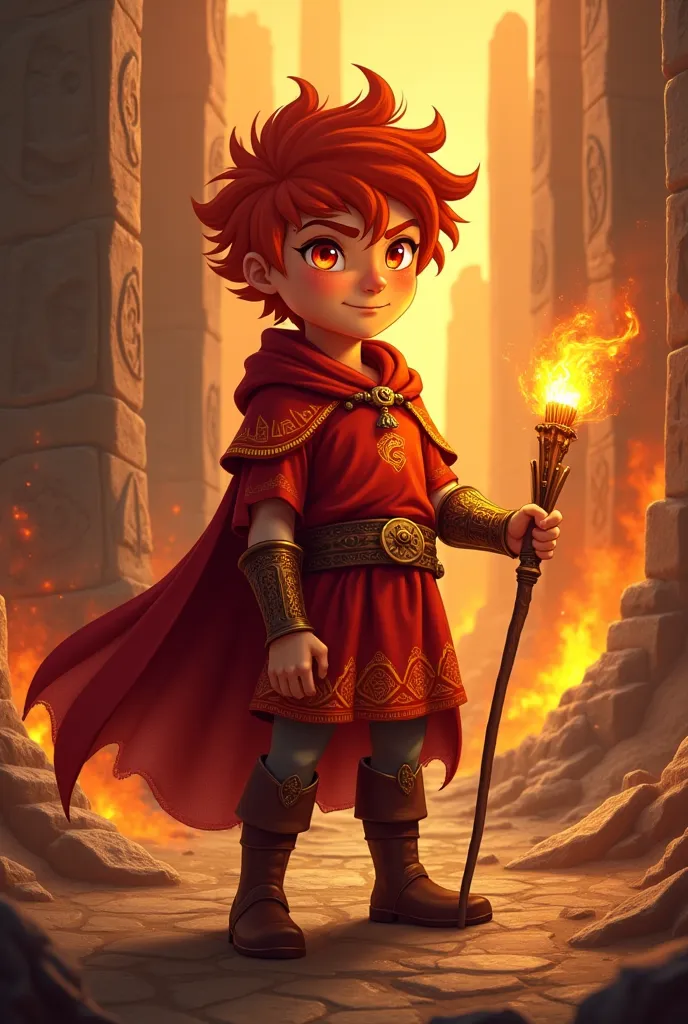 A bold and fearless  boy named Álvaro stands in the heart of an ancient volcanic valley, the air around him shimmering with heat and magic. His bright red eyes glow with fiery determination, and his vivid red hair catches the warm breeze, making it look li...