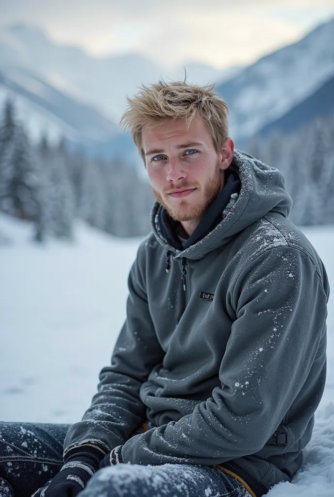 Create me a picture of a young blond man who freezes and sits in the mountains in the cold at -6 degrees with a T-shirt without a hat. The whole thing should be a YouTube thumbnail. There should be snow and snow too