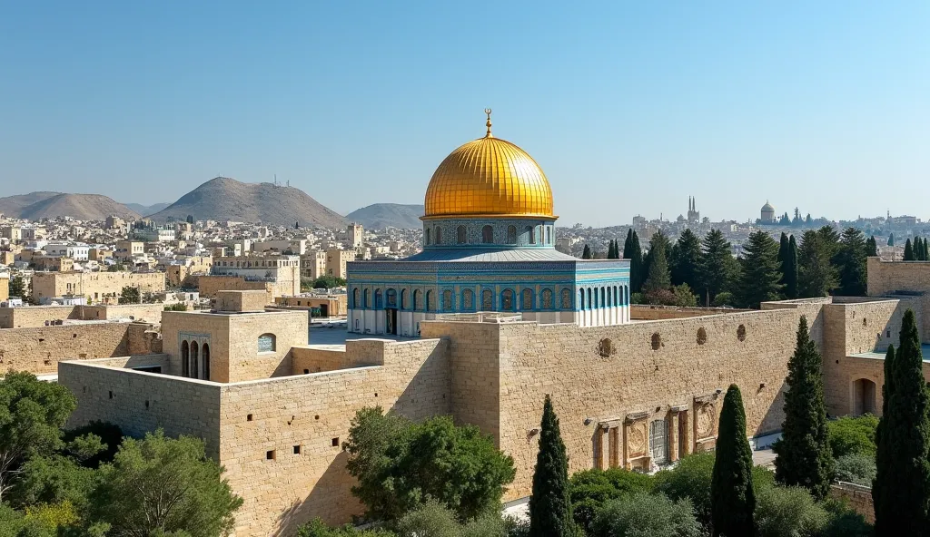 A highly detailed and realistic image of the Dome of the Rock in Jerusalem, prominently featuring its golden dome reflecting sunlight against a clear blue sky. The iconic Islamic shrine is surrounded by the densely packed white and beige stone buildings of...