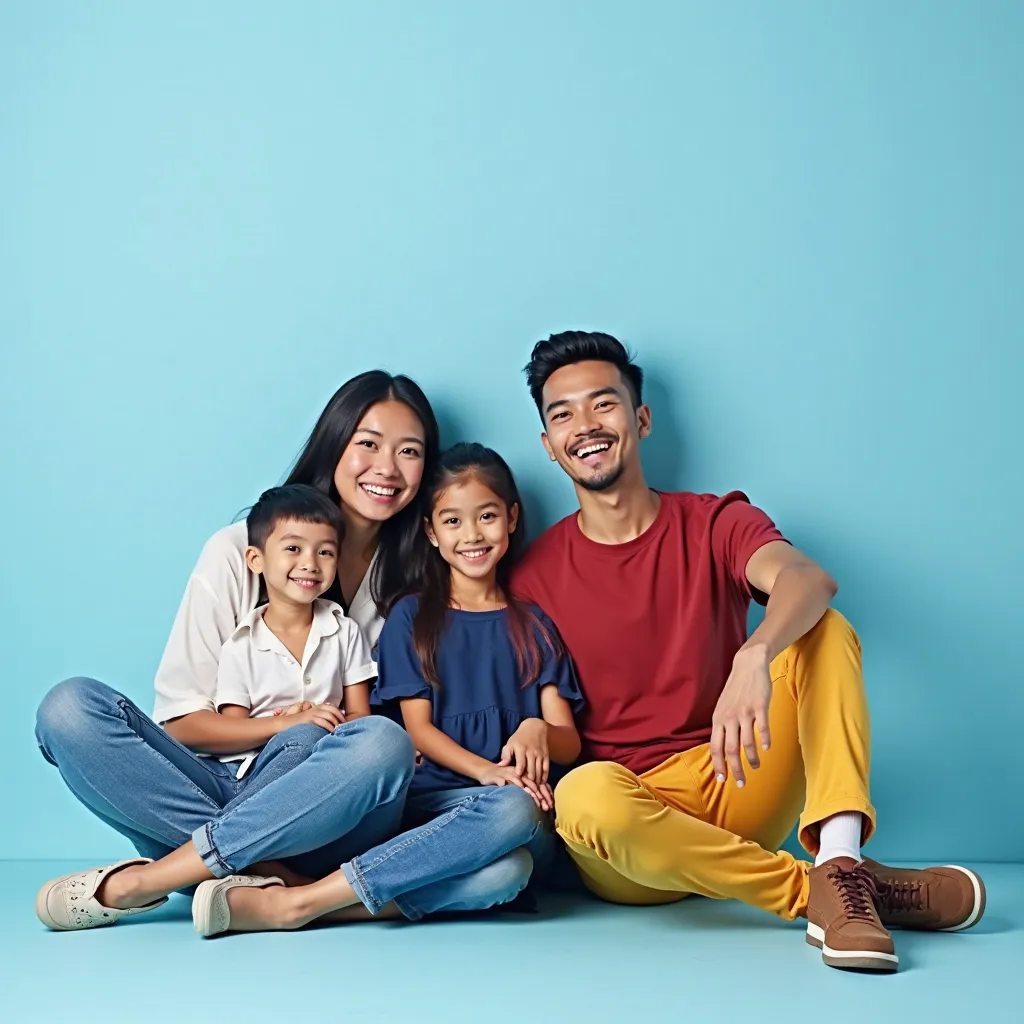 A joyful family of four sits together on the floor against a perfectly smooth, light blue background. They have warm smiles and a close bond is evident in their relaxed yet affectionate postures. Each family member has sleek black hair. The mother wears a ...