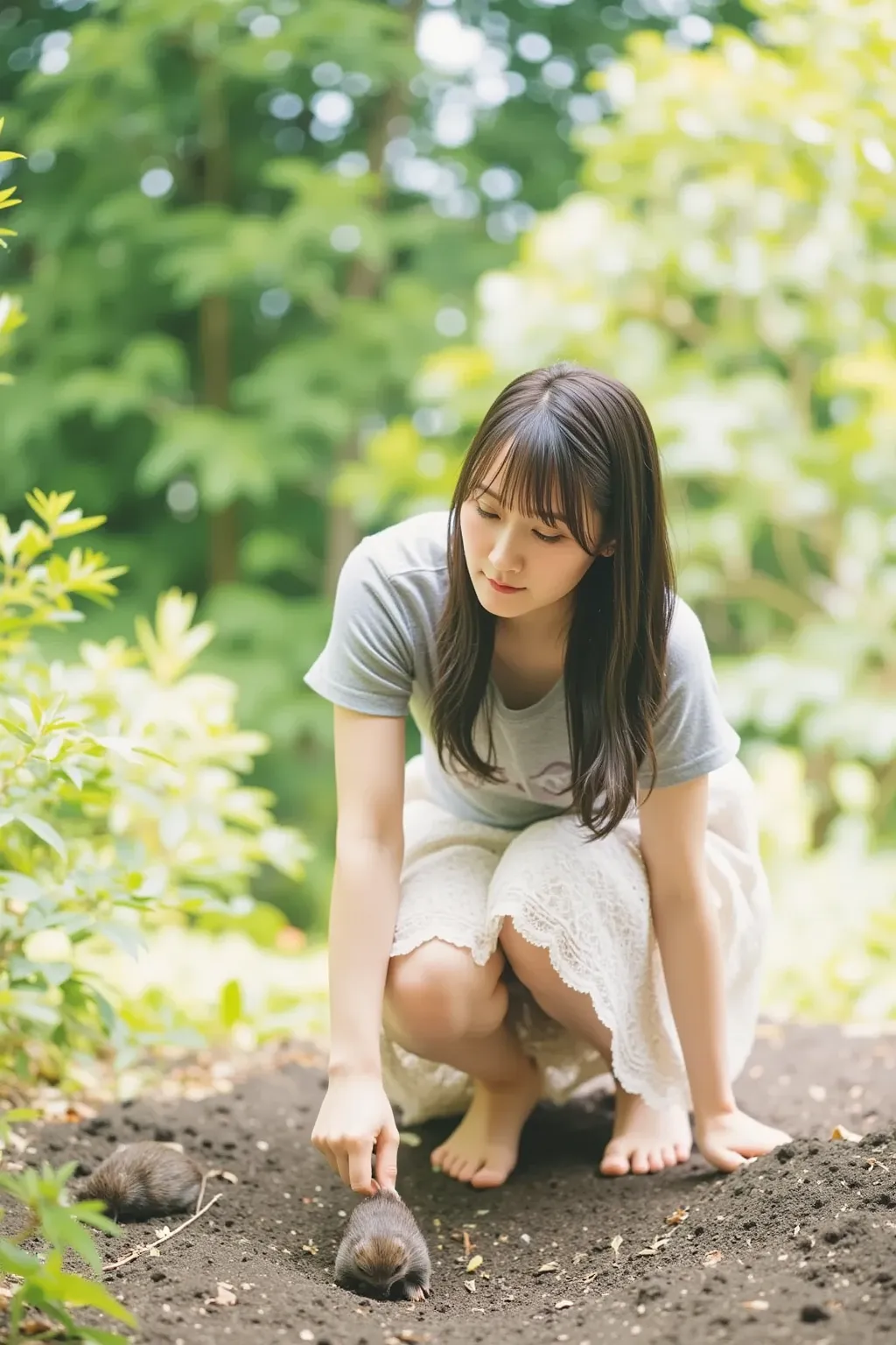 "A Japanese woman crouching in a garden, observing a mole. She is wearing a T-shirt and a frilly skirt. The setting is a lush green garden with soft sunlight filtering through the trees. The mole is partially visible, peeking out from the soil. The woman h...