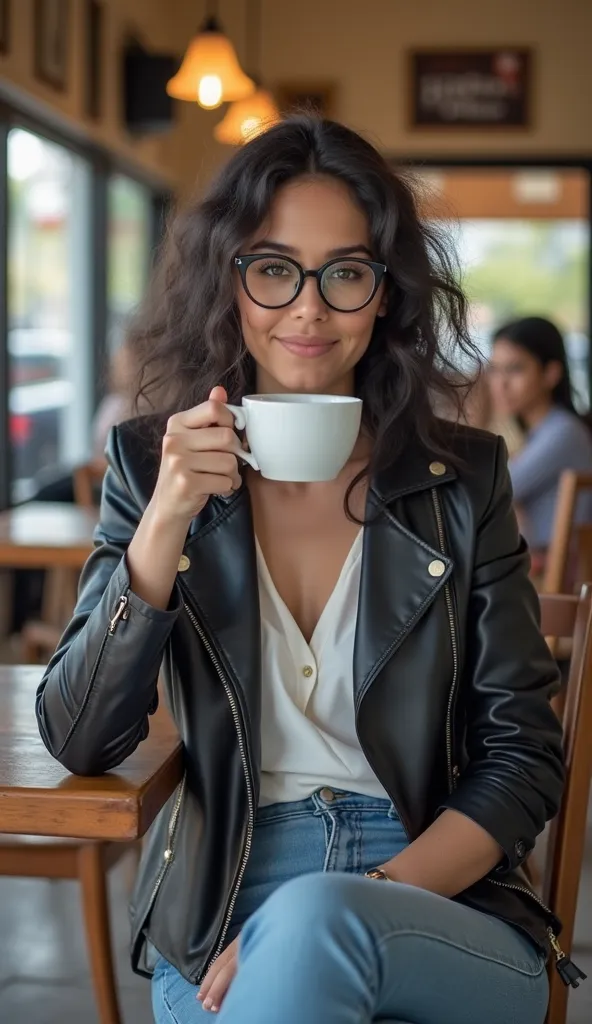 Digital influencer with long hair , therefore,  wavy , square-lens glasses, wearing a therefore biker jacket with a white blouse inside and jeans. She is sitting at a table in a bakery in Rio de Janeiro. Sipping your coffee