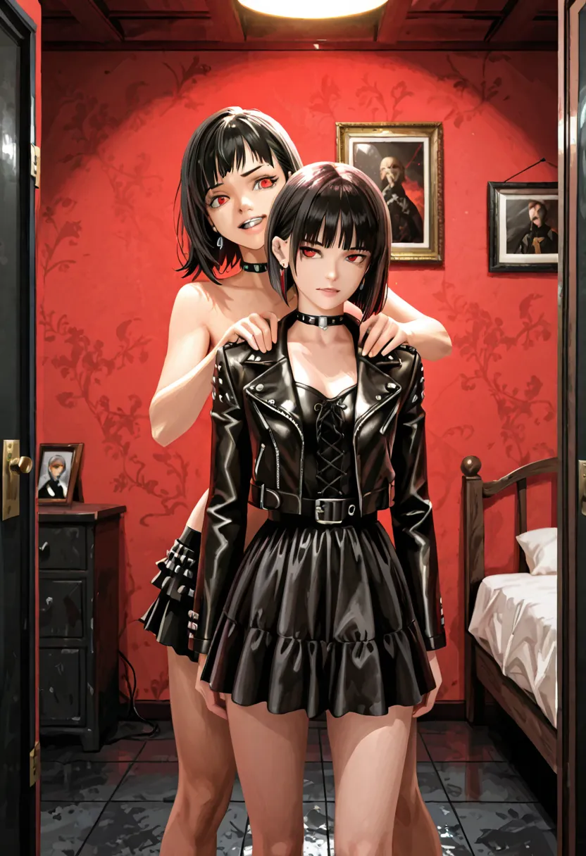 ultra detailed, photo realistic,warm lighting, from BREAK, 2girl,girl naked ,girl A girl with black medium hair,(wavy hair:0.3) and a girl with black bob cut hair,  looking to viewer,standing next to each other,earrings 18yo,(black) gothic dress), studded ...