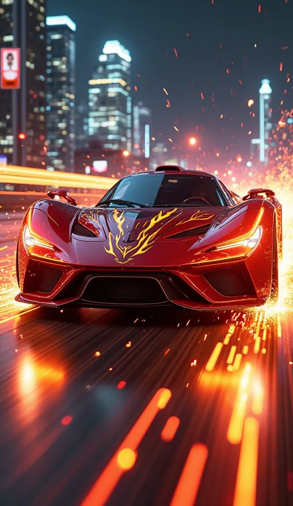 A cybernetic sports car with a cheetah-shaped front, inspired by The Flash. The car's body is bright red with golden lightning streaks flowing across its sleek frame. The headlights glow with Speed Force energy, and its wheels leave a trail of electric spa...