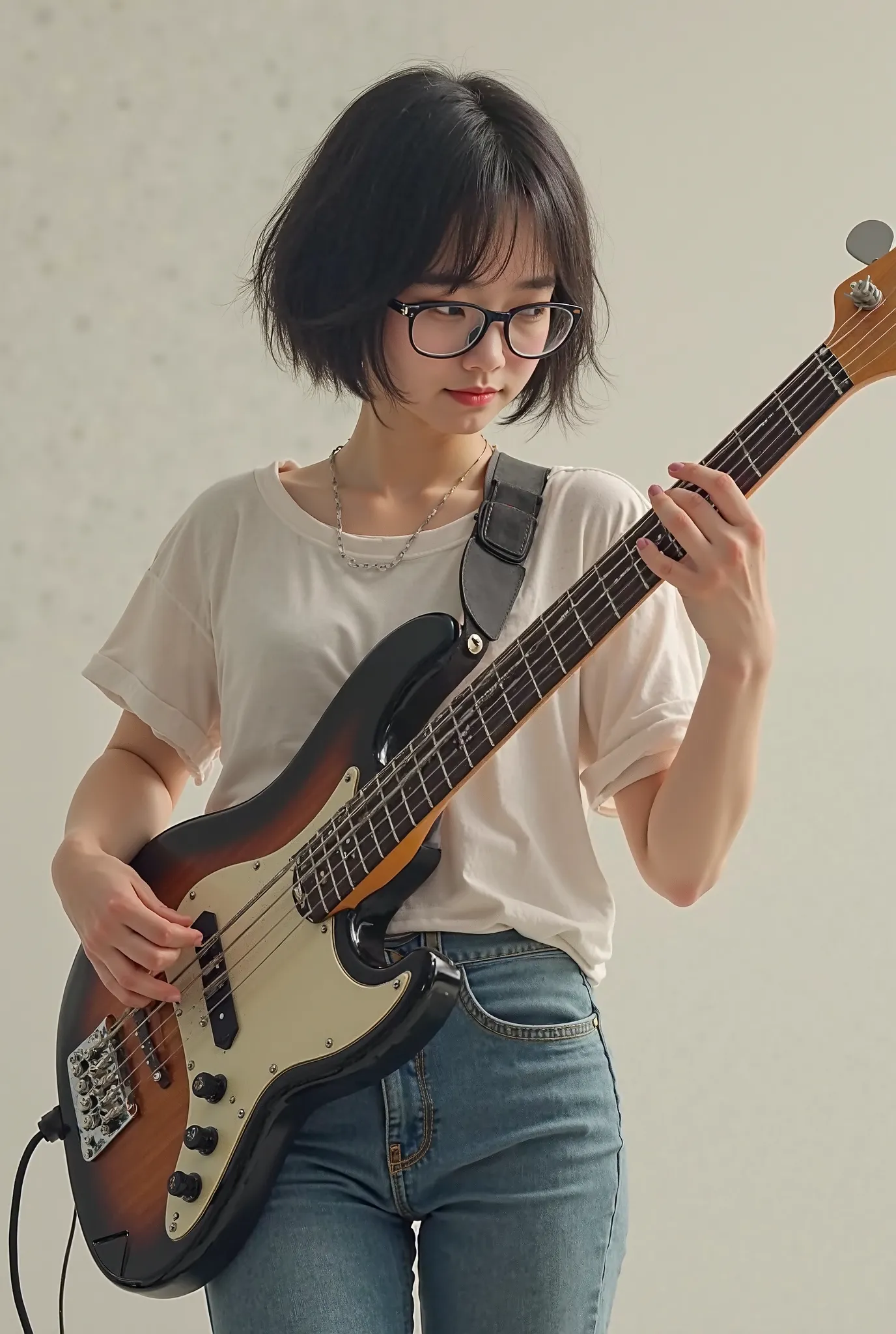 Picture a slightly big Korean girl wearing tight jeans and playing bass guitar, wearing glasses, a white face, and short black hair