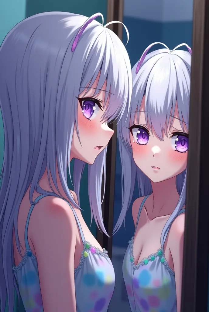 a anime-like picture of a 17 y/o girl with silver hair and lavender eyes, her expression worried, wearing a prismatic dress, looking at her reflection on her right and the reflection shows her with an evil smile