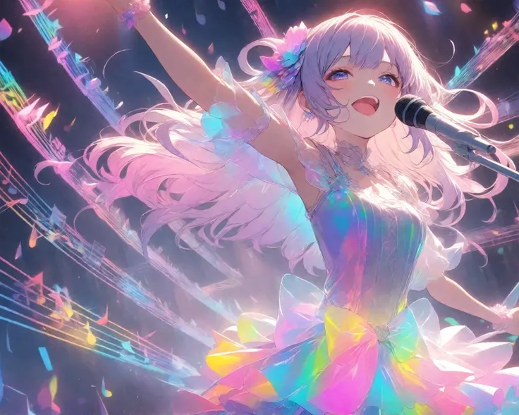 ( top quality,4K,8k,  High Definition  ,  masterpiece  :1.2),Slightly realistic anime style。
Japanese Female Singer Around 23 Years Old。Female Figure Singing into a Microphone、In front of an audience, Nightcore, After Image with Light Radiation Effects、Ido...