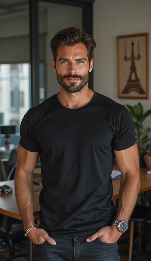 Une image HD d'un homme (le plus beau) musclé de 30 ans, cheveux bruns courts et barbe brune, yeux bleus, il est très séduisant, viril, il est habillée très elegant et de couleur noir. Pantalon jeans, très noir, et chemise de travail, noire. Il est debout ...