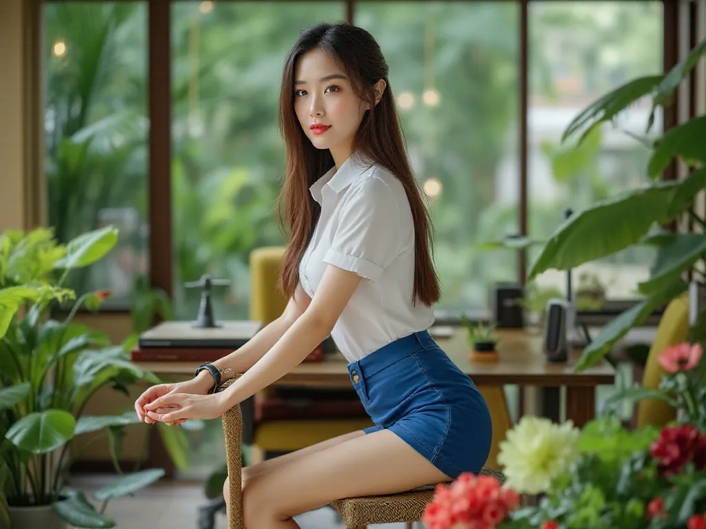 Full image Thai garden girl secretary, 20 years old, long straight hair, beautiful body, long slender legs, white short-sleeved shirt, blue miniskirt, loaned to the executive at the office.