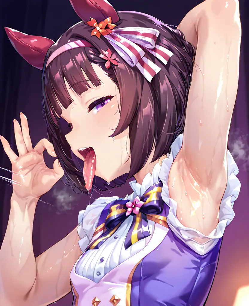 solo,nishino_flower_(umamusume),clothed,arm_behind_head,fellatio_gesture,armpits,evil_smile,half_closed_eyes,open_mouth,tongue_out,long_tongue,saliva,profile,looking_at_viewer,motion_line,heavy_breathing,very_sweat,steaming_body,sweaty_armpit,purple_backgr...