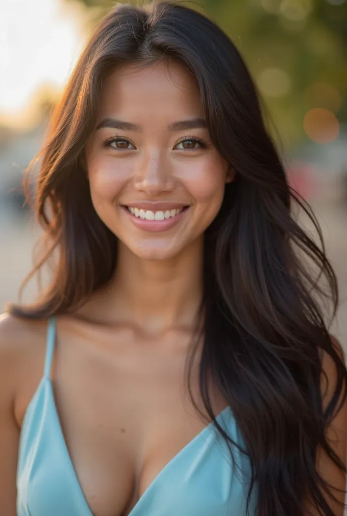 A close-up portrait of a beautiful young woman with long, silky black hair, parted slightly to the side. She has a radiant smile, smooth and flawless skin with a warm undertone, and deep brown eyes that convey warmth and confidence. She is wearing a light ...