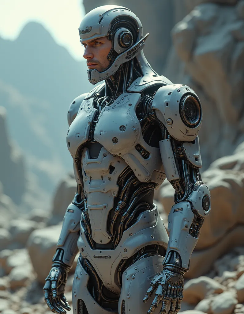 best quality, Masterpiece ,  beautiful, complex parts, complex parts:1.12,  Hyperdetail :1.15,  natural skin textures , hyperrealistic, Soft light,  cyborg man, jerks off, 1/2 body scraps , slim body,  beautiful figure, Great anatomy, HDR, with ai world as...