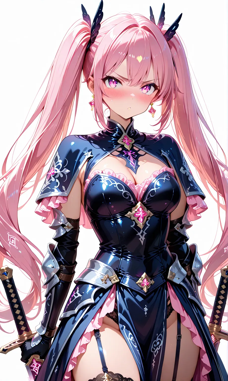 Masterpiece, ultra-detailed, 8K full HD, very aesthetic, (watercolor: 0.6), (pastel colors: 0.4), a tsundere thief knight girl with long black twin tails highlighted with soft pink streaks, spinning mid-motion with both swords extended outward against a mi...