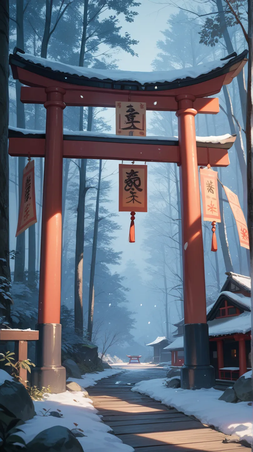 A misty, abandoned shrine deep in the forest at night. The wooden torii gate is broken, with eerie paper talismans fluttering in the cold wind