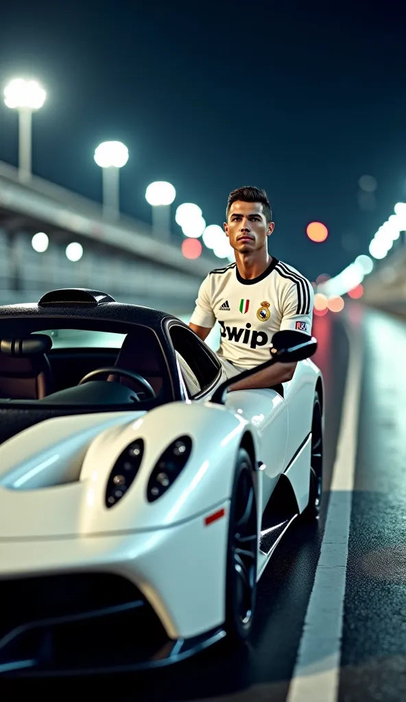 Hyper-realistic 8k image "On a street illuminated by bright lights at a race track in the city at night, close-up short shot of footballer "Cristiano Ronaldo" wearing his club jersey, sitting in the driver's seat of a white sports "Pagani Zonda HP Barchett...