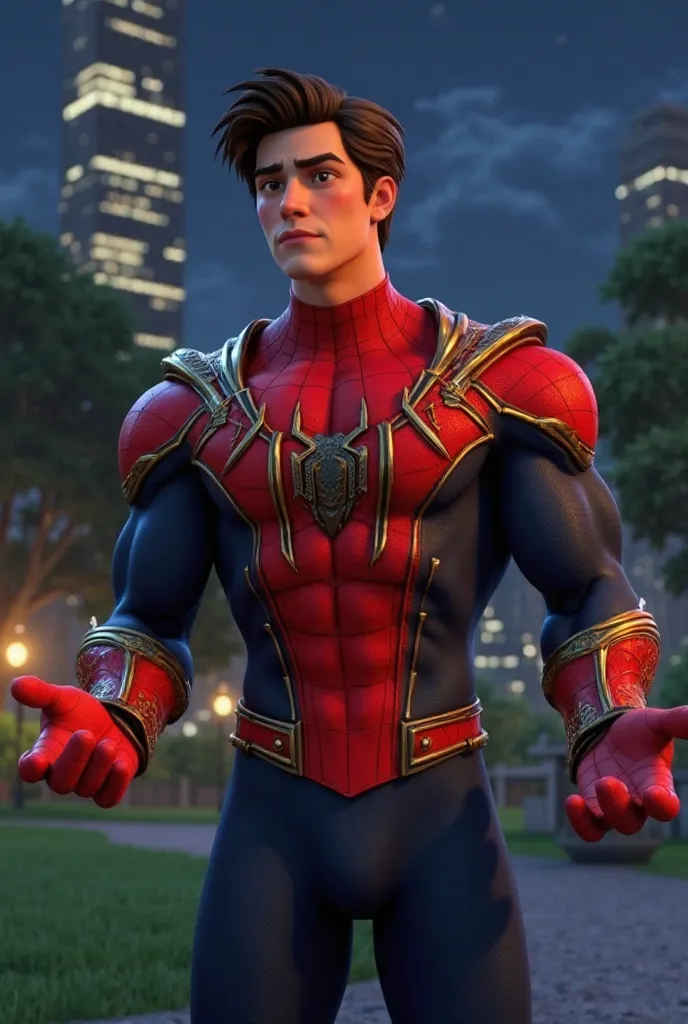 A superhero, Spider-Man, is depicted in a stylized, animated image. He is of a likely young adult male build, and is presented in a three-quarter view, facing the viewer. He is positioned slightly off-center to the right.  His costume is vibrant red with a...