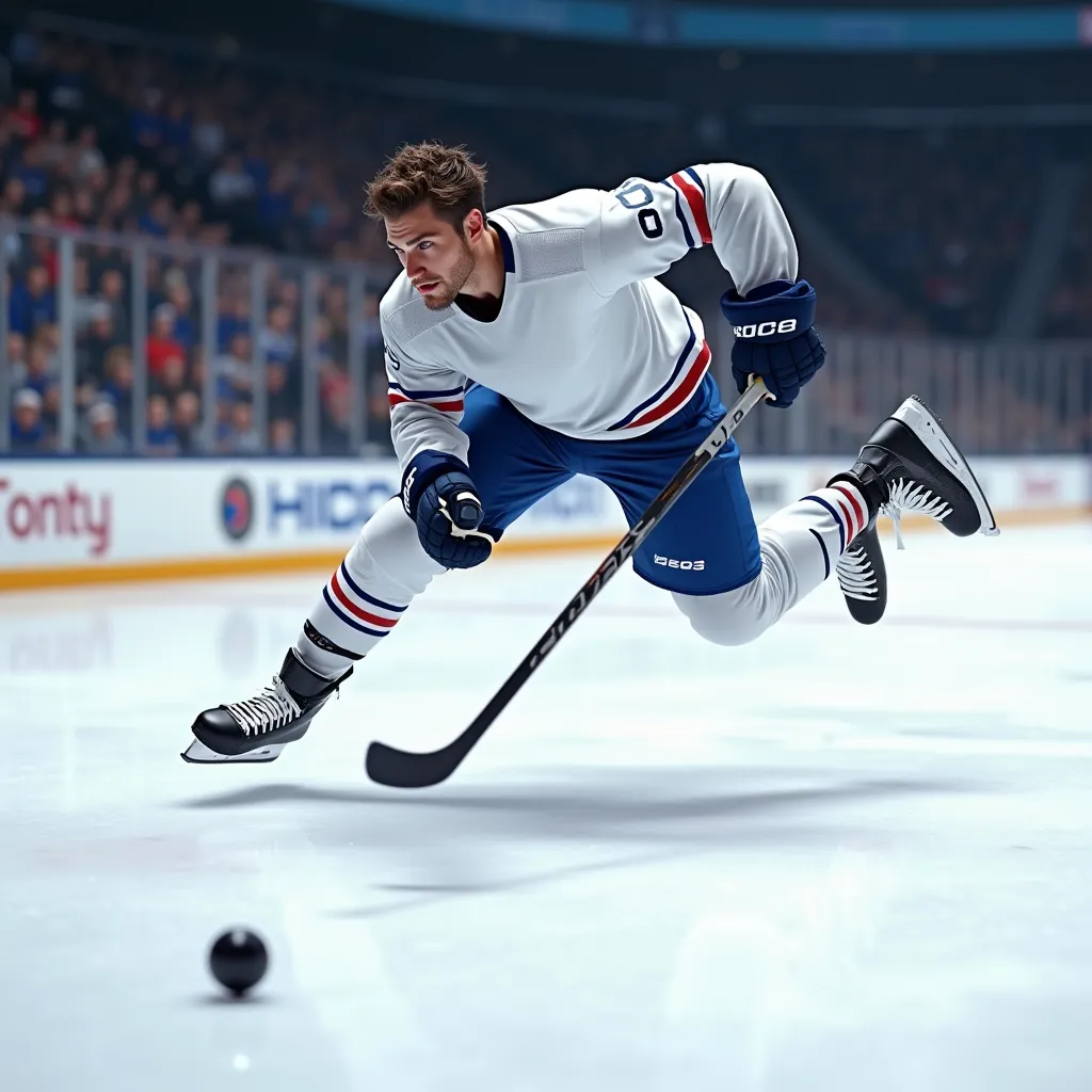 realistic image of an adult cute male hockey player goalkeeper with a stick in white and blue uniform, hockey player with a stick flies sideways for the puck