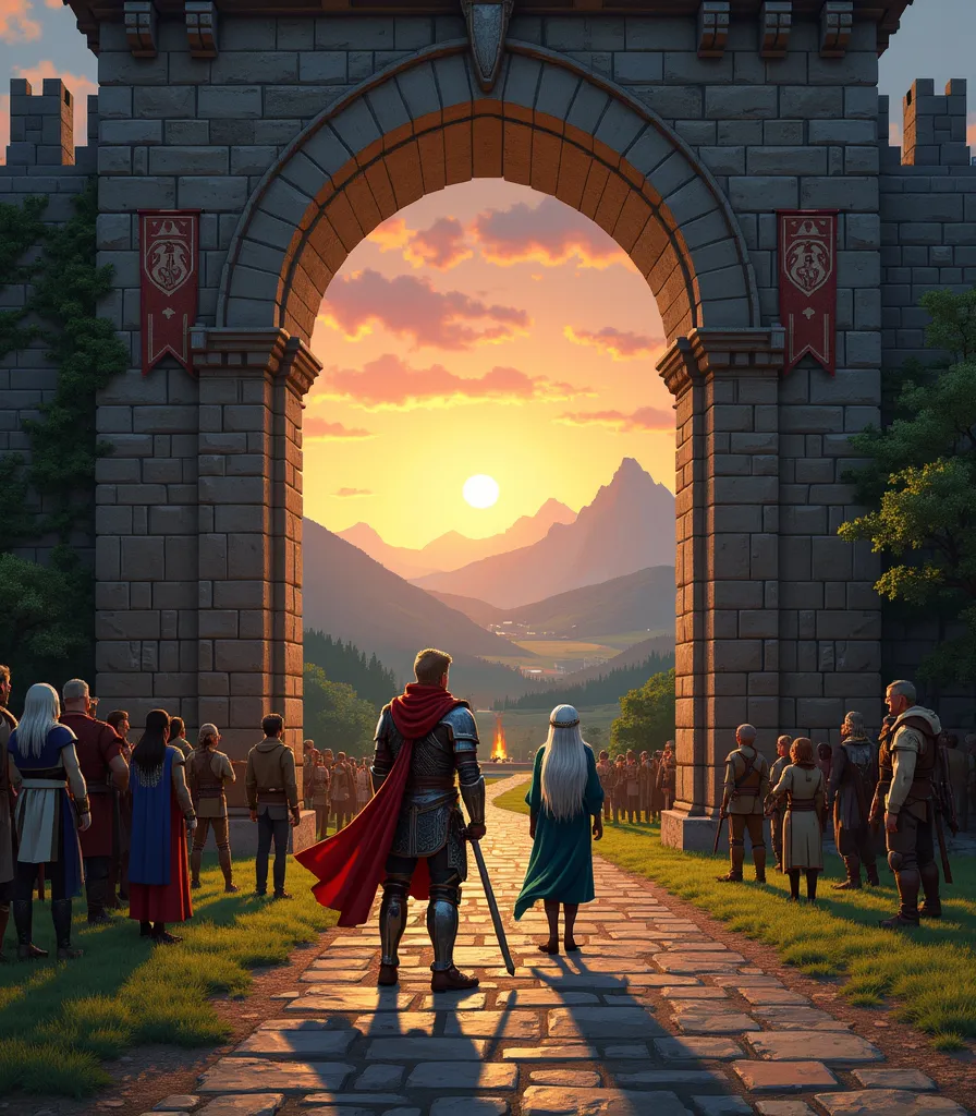 At the grand stone gate of an ancient city, a young hero stands at the threshold of adventure, the warm glow of the setting sun casting long shadows on the cobbled road beneath his boots. Clad in a worn yet noble suit of steel armor, his crimson cape flutt...