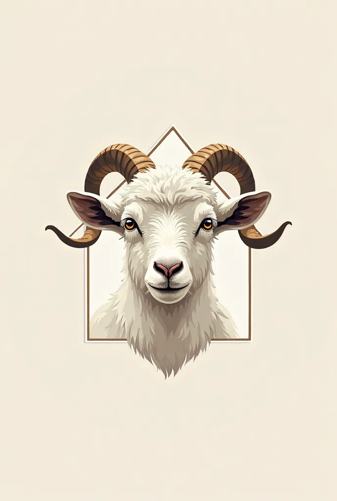 Create me a logo of an Angora goat's head seen from the front, We can see the outlines of a house around his head