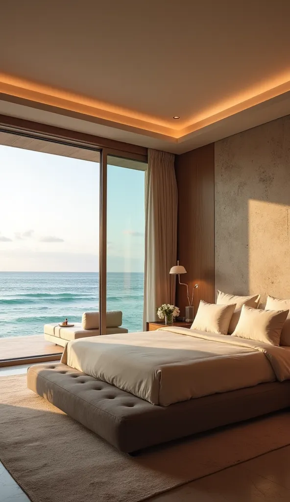 "A luxurious bedroom in a modern beachfront villa, with a king-sized bed dressed in high-quality beige linen. Large panoramic windows open to a private terrace with ocean views. Soft ambient lighting, minimalist decor, and a mix of wooden and marble textur...