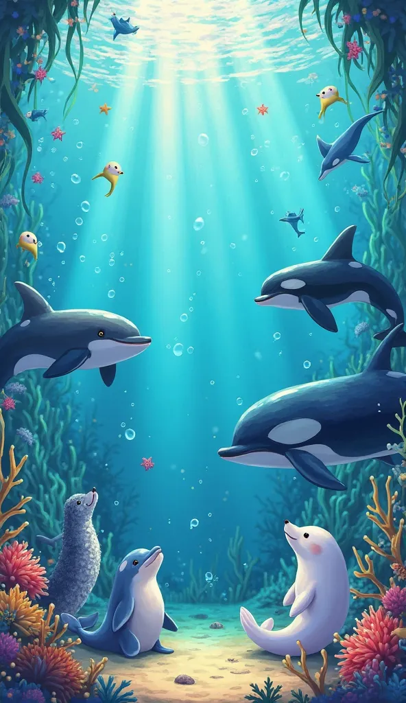 create a birthday invitation for Mariana, It will be s, local: Clip School, Snacktimes, On April 11, 2025, The invitation must have the bottom of the sea with beluga whale, dolphin, Orca and sea lion