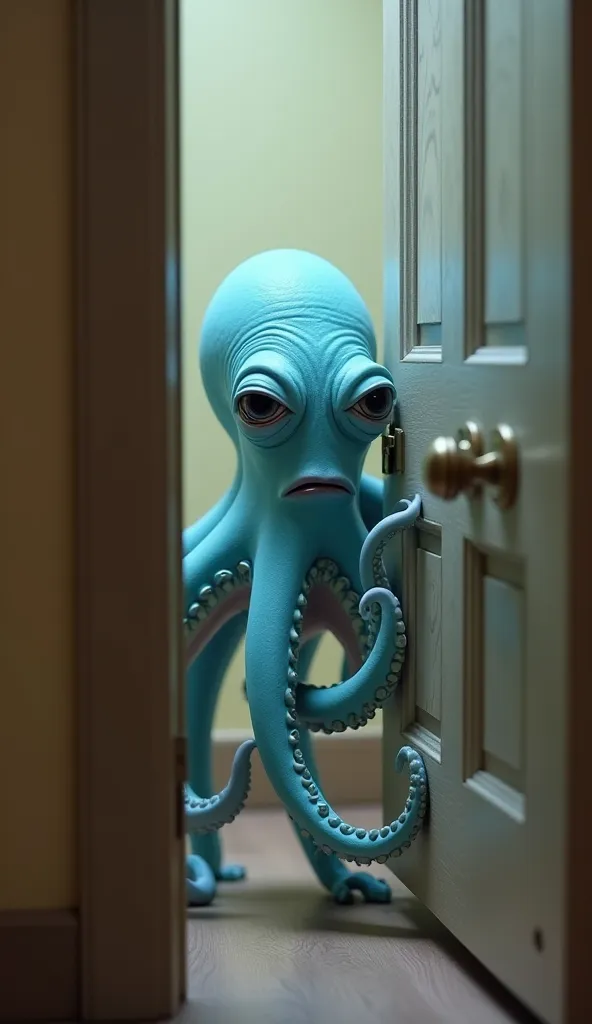 A pale blue octopus enters the room, holding the doorknob, and speaks with a displeased expression on his face, lips and mouths clearly visible