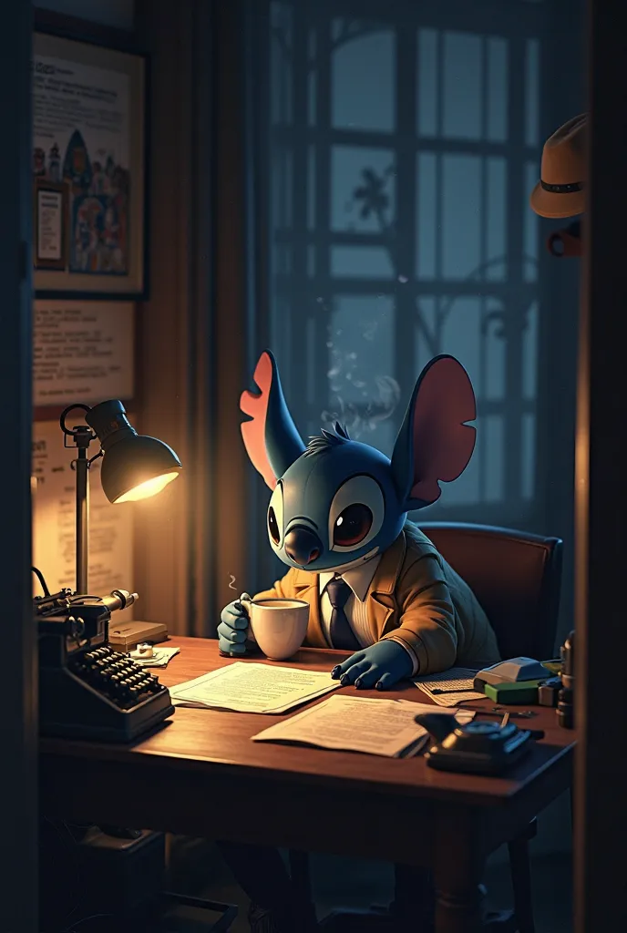 Detective Stitch in his detective uniform in his office drinking coffee, The image shows his office door closed with Detective Stitch drinking coffee in his office at night