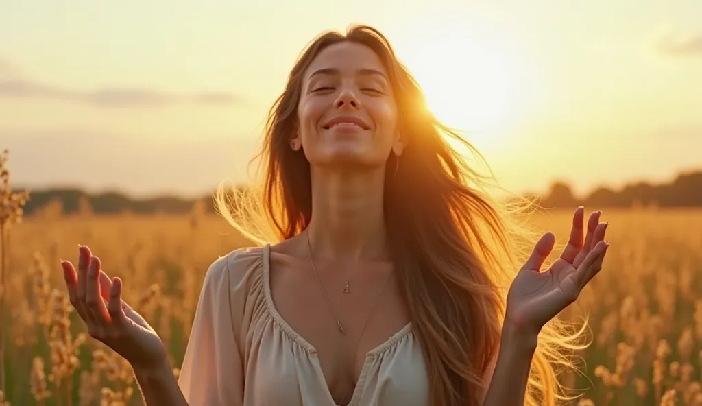 (photorealism:1.2),"A woman standing on a vast open field, her long hair flowing in the wind. Her face is illuminated by the soft sunlight, and her smile is warm and joyful. She has a peaceful, meditative expression as if in prayer, feeling deeply connecte...