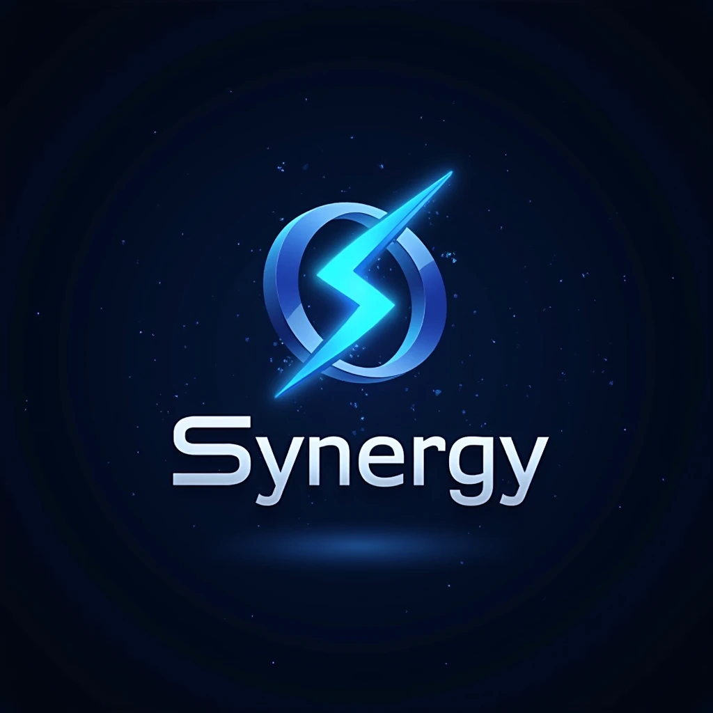 3D Logo Name SYNERGY under the logo, Thunder color light blue style upper side, Graph trading style background