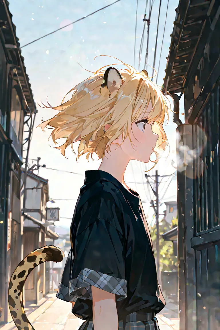 masterpiece, best quality, extremely detailed, detailed background, detailed face, pixiv, BREAK 1man, cute handsome, young adult, solo, outdoors, (cheetah ear, tail), short hair, blonde hair, scenery, breath, black short sleeves, broad shoulder, standing, ...