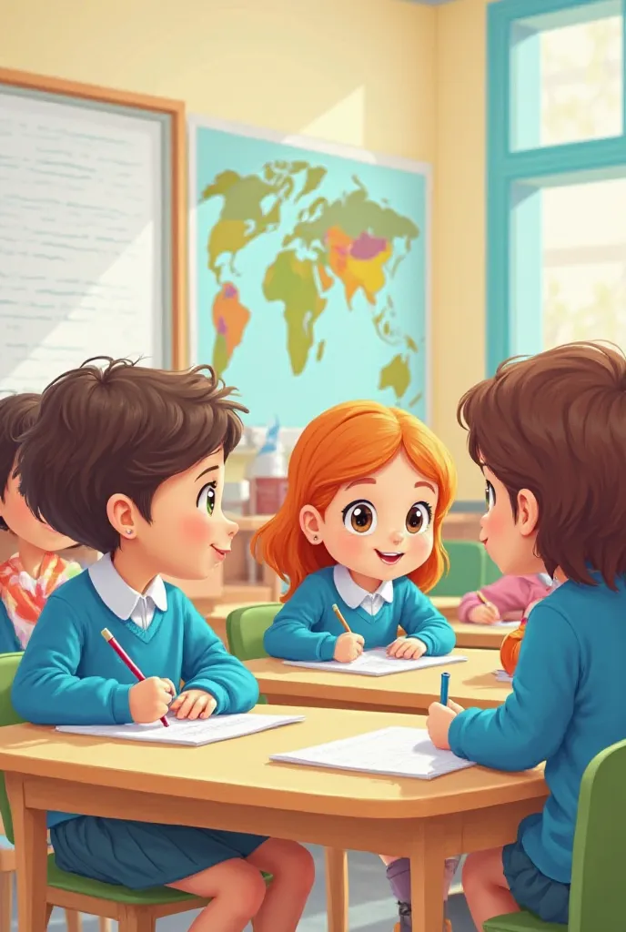 "A colorful, cartoon-style illustration of a classroom scene with young students sitting at their desks. The students are wearing blue school uniforms and are engaged in writing or listening attentively. The classroom has a warm and inviting atmosphere, wi...