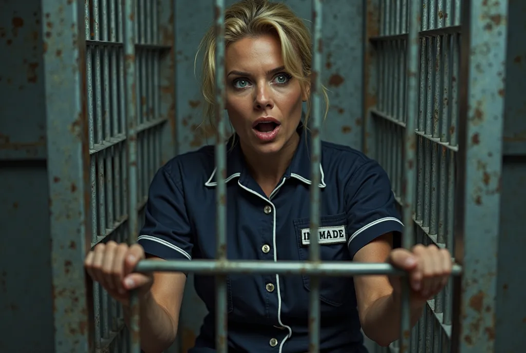 stunning Erica Eleniak prison inmate . She is wearing a baggy button fronted navy blue short cuffed sleeved smock dress with white trim and 'INMATE' printed on the left side of the dress. She is sitting in a steel cage. We see her through the bars of a sma...