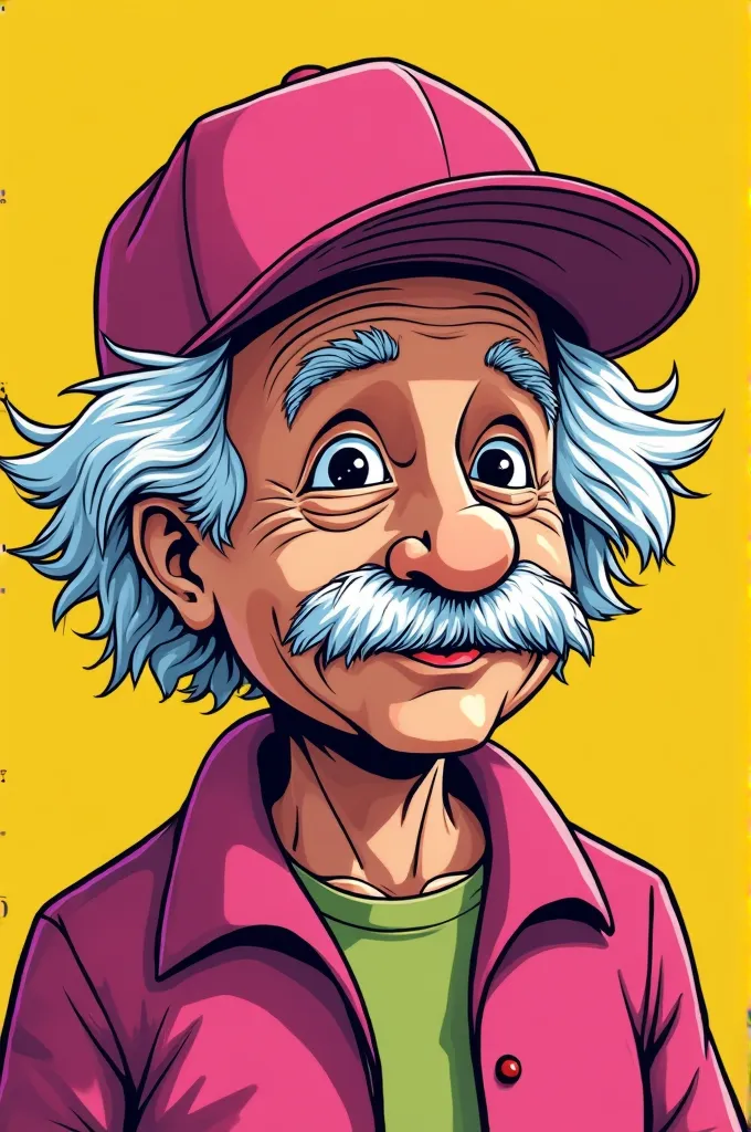 "Create a bold cartoon-style image featuring Albert Einstein wearing a bright pink snapback. His iconic white hair and moustache are clearly outlined using thick black lines. The background is a bright, solid yellow. At the bottom of the image add the text...