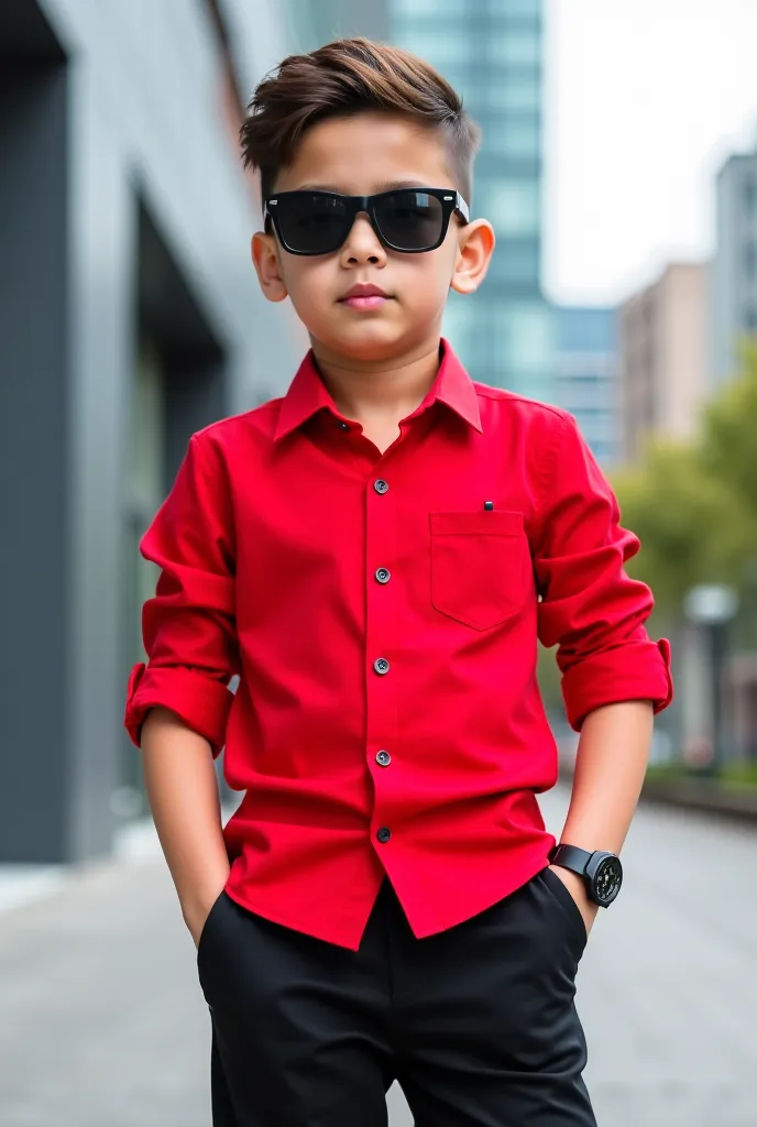 A boy with a red shirt,black pants and black sunglasses