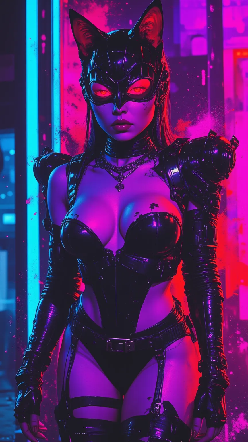 top-quality))、((​masterpiece)、cyberpunked、catgirl, revealing cyberpunk clothing, purples, blues, reds, (andy warhol), illustrated anime, retro style classic, big breasts, no background, neon colorsplash background, glitter dust, ethereal, shiny skin, 