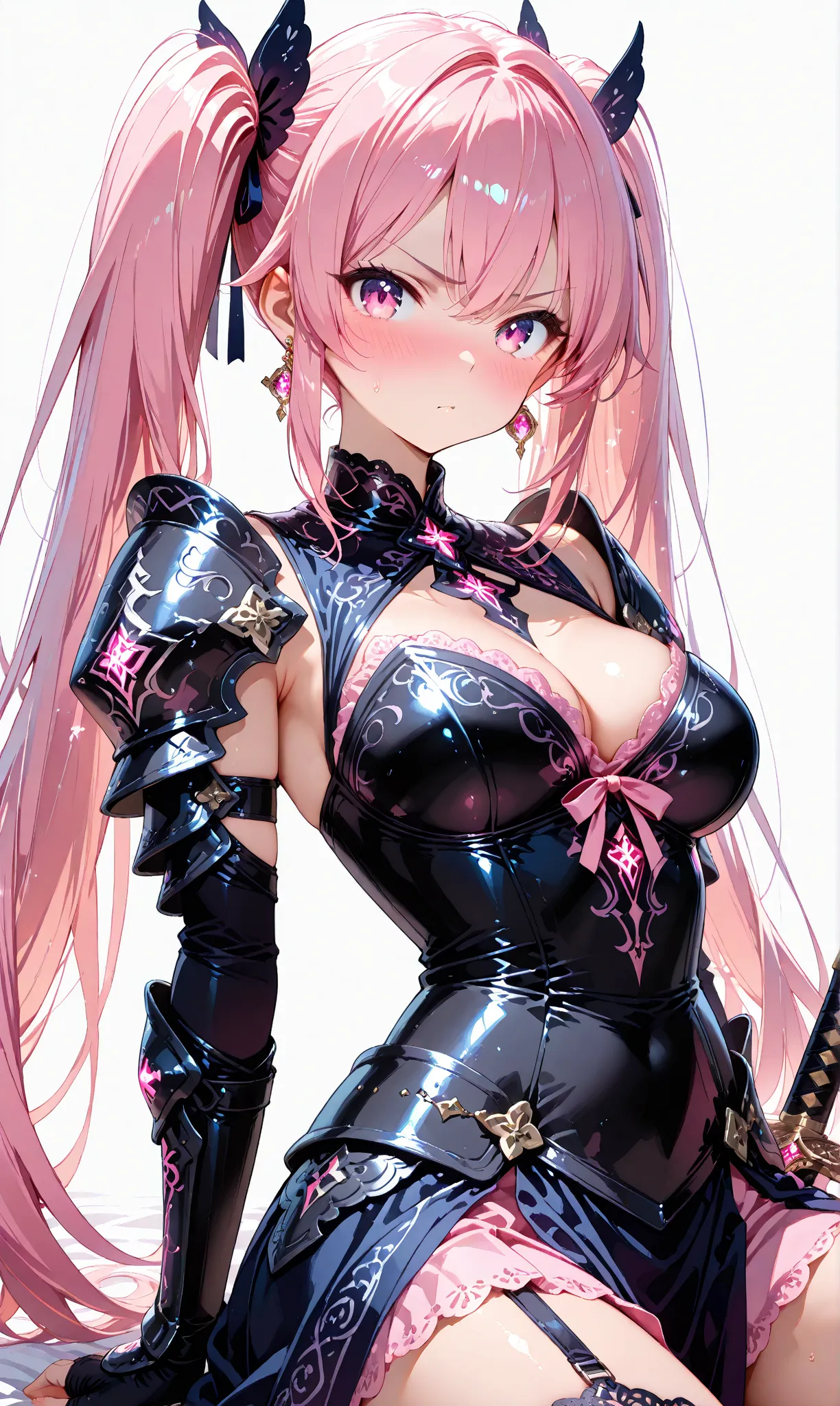 Masterpiece, ultra-detailed, 8K full HD, very aesthetic, (watercolor: 0.6), (pastel colors: 0.4), a tsundere thief knight girl with long black twin tails highlighted with soft pink streaks, reclining slightly with one sword propped against her hip and the ...