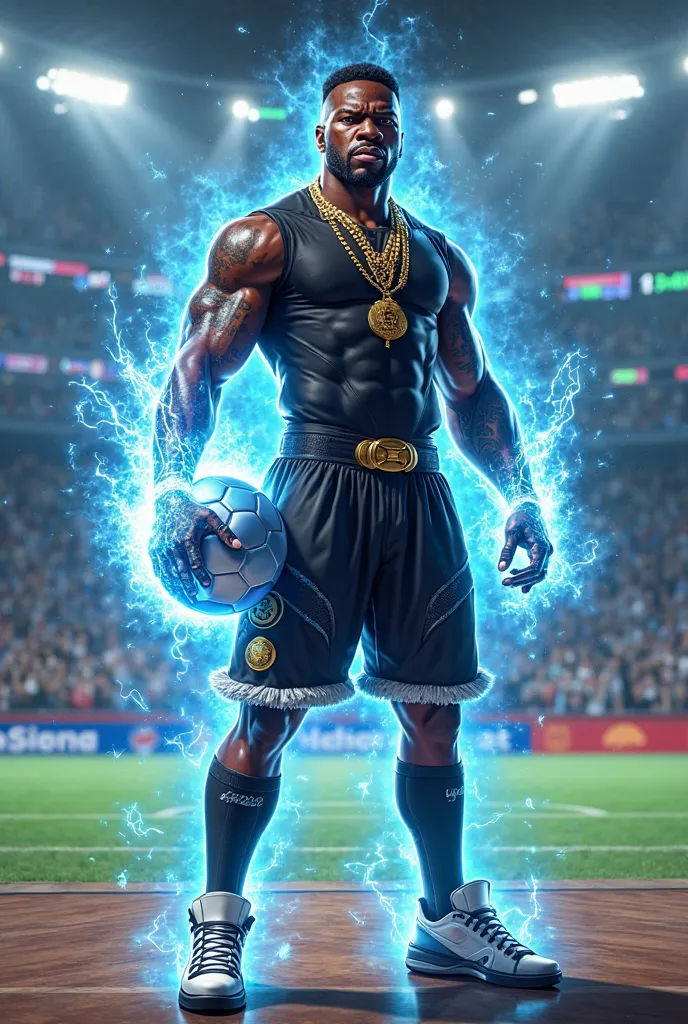 50cent, standing confidently in a football stadium, surrounded by vibrant neon energy effects. He wears a black hip hop ensemble with gold accents, matching black shorts with fluffy white trim, and white sneakers with glittery accents, secured by a gold he...