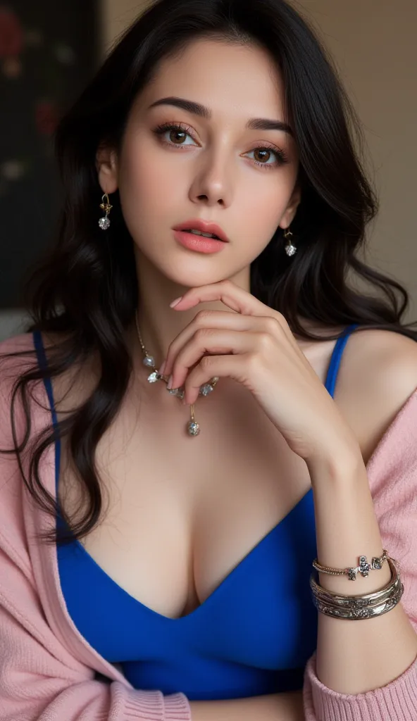  high quality, rich in details,  straight black-haired woman with posing beautifully. She wears pink cardigan in blue clothes , wearing bracelets , earrings and necklaces.  The big ones are also visible .  The photo is a close up of the face , with necklin...