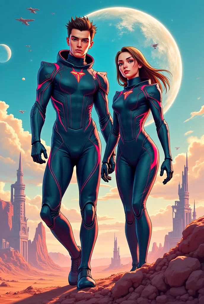 Make a Manga Sci fi cover page with a 19 year old guy and and 18 year old girl with spandex space suits