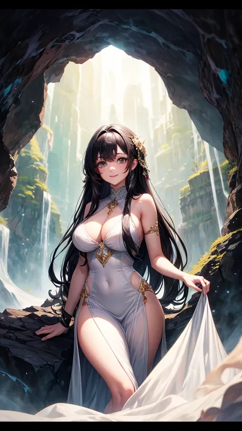 a young, beautiful human face, perfect symmetrical beautiful eyes,with long black hair,in beautiful flowing dress, The spacious cave in the background showcases intriguing rock formations,with dim moonlight, big round breast , smiling seductive , 