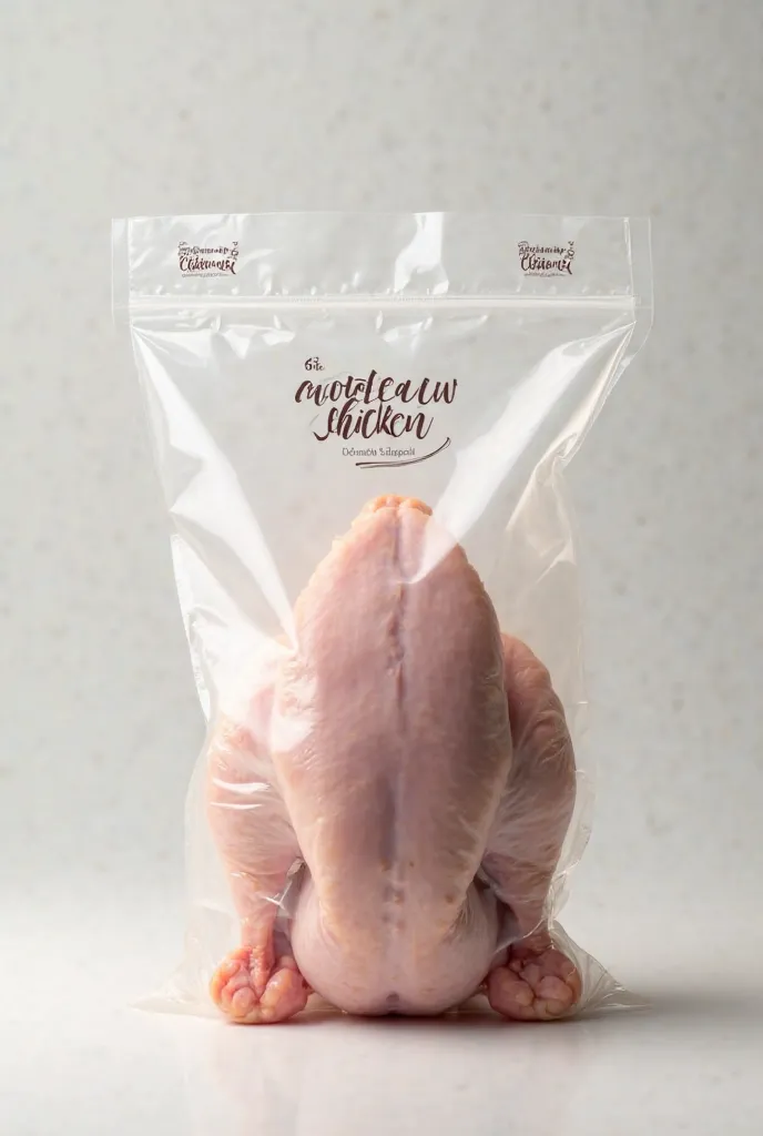 Design 5kg fresh chicken bag product. It is a clear plastic bag for fresh chicken, and the chicken inside can be seen, the bag on the top and bottom is beautiful. The name is Clicking chicken.