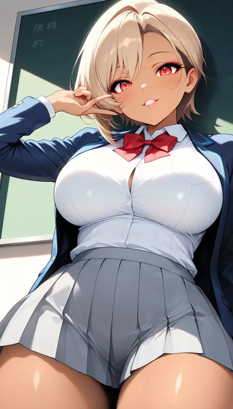 1 female, (Mirai Edosaki, brown skin:1.6, red eyes), blush, Wear v sign, low angle:1.4, open your mouth:1.1, light brown hair, short hair, undercut, asymmetrical hair, beautiful eyes, beautiful lips, very detailed目と顔, long eyelashes, beautiful big breast...