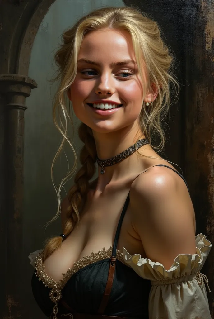 Style by Style Style Crypt Award winner, Spectacular oil painting of a beautiful medieval peasant girl, 20yo, (seductive expression:1.2), erotic espression, an ominous, evil, (Backlight:1.3), Digital Painting, concept art, Smooth, Sharp focus, Three-part m...