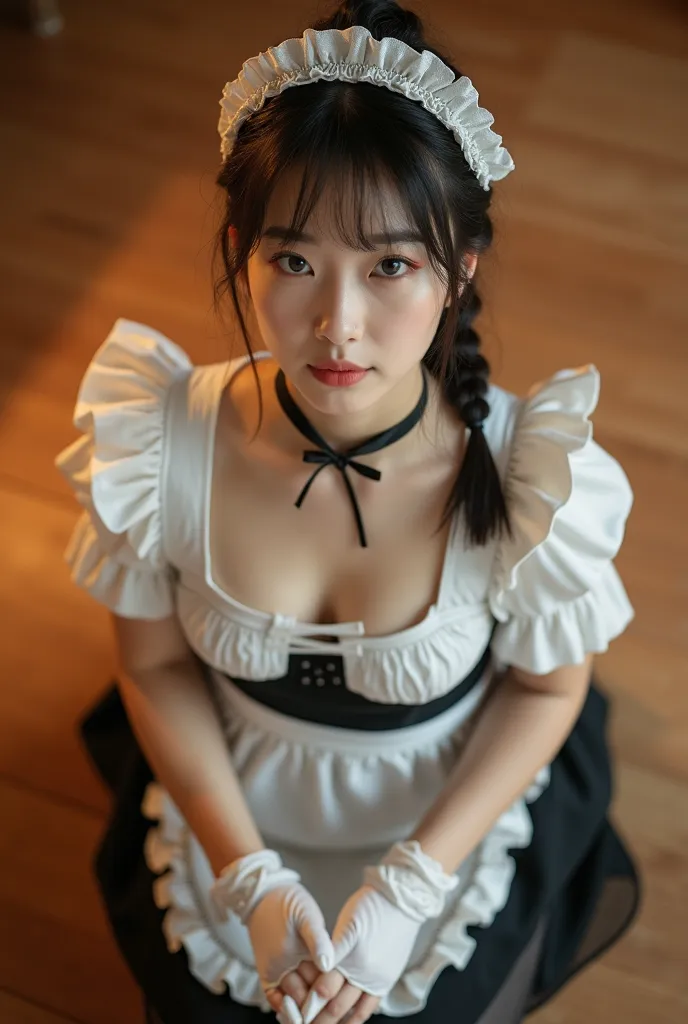 32K, masterpiece, top quality,  ( beautiful Korean woman)   High Angle,  Closeup View , braids, maid clothes, white top, black bodice, short skirt, race, kneel, Calm expression, when I went black, hold hands to form a circle, white gloves,  wooden floor , ...