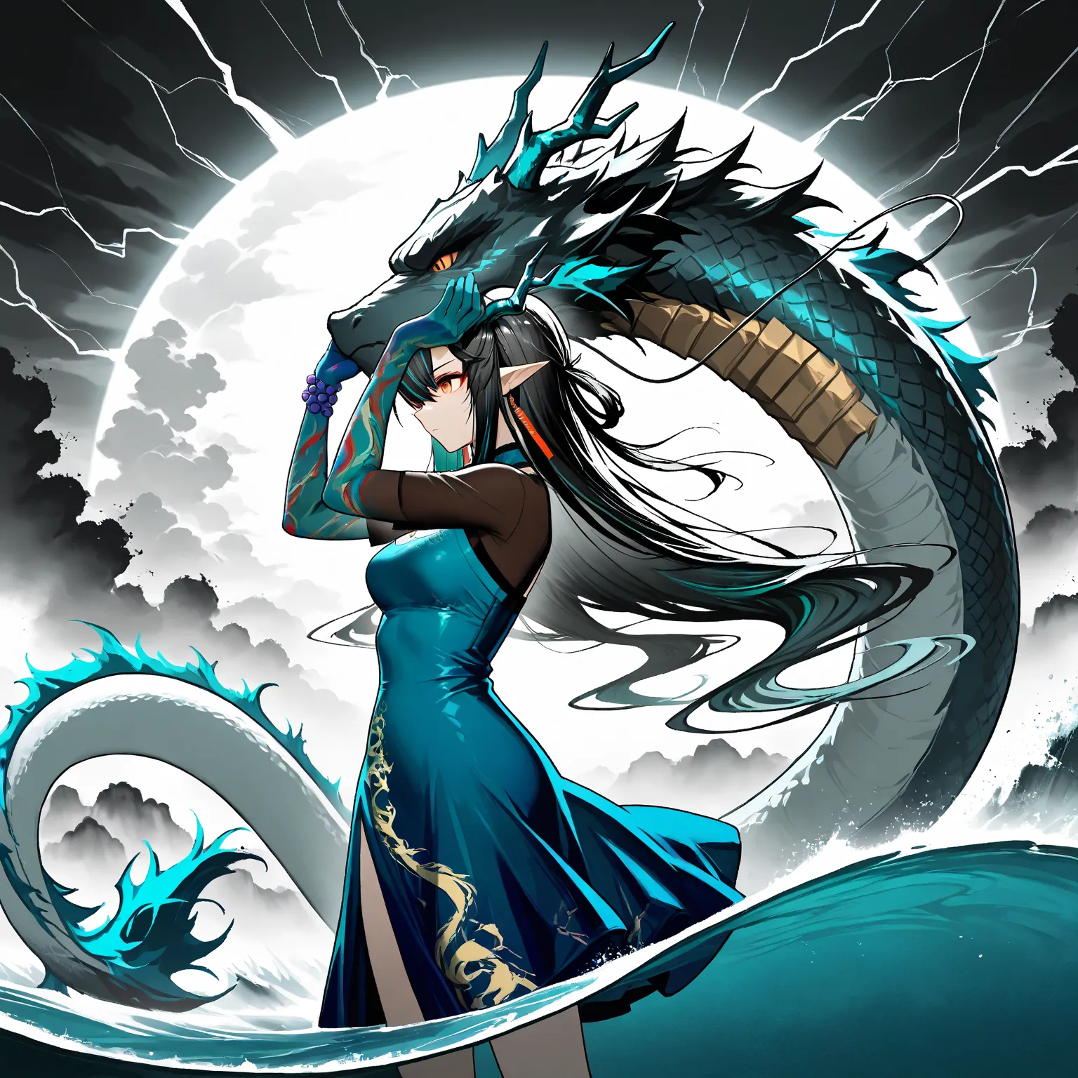 dusk (arknights), art style, 1 girl, solo, blue dress, Storm, Hugs the dragon, presses forehead against the dragon forehead, Side view, official alternate costume, orange eyes, pointed ears, Standing on the water, sea dragon near, serious look, Graceful st...