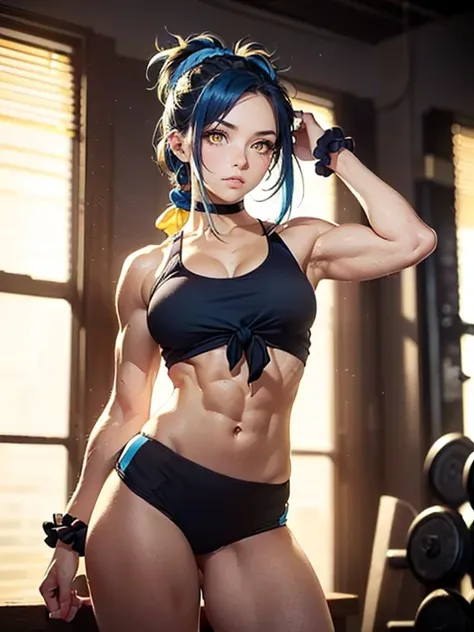 (( Alone)), ((Be a  and Start Over , ( Honey Eyes, yellow eyes, elegant, black hair, tied hair,Blue-haired scrunchies),  very detailed, ambient soft lighting, 4K ,  Perfect Eyes, perfect face, perfect lighting,  a 1 girl )), ((fitness,  muscular, nice look...