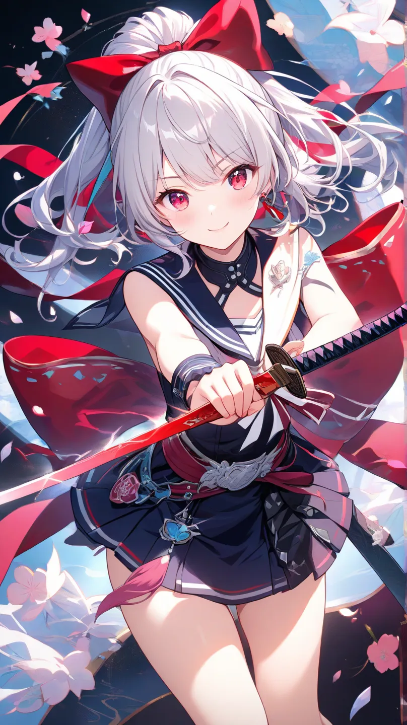 （Scarlet Eyes、close one eye、 Silver Hair）(holding a Japanese sword with both hands),  Smile、1 girl, solo, high resolution, very detailed,  perfect fingertips、perfect hands with full nudity、Draw your sword、High school girl、big ribbon、sailor suit姿、Gal Style、...