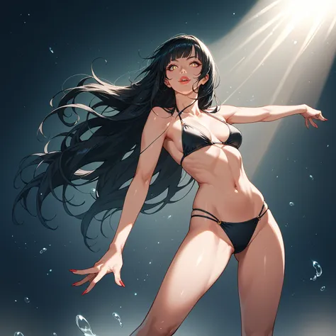 1girl, solo, 
(black long hair:1.3), bangs, Sharp eyes, thin lips,
bikini, dancing,
amazing quality, newest, absurdres, realistic lighting,