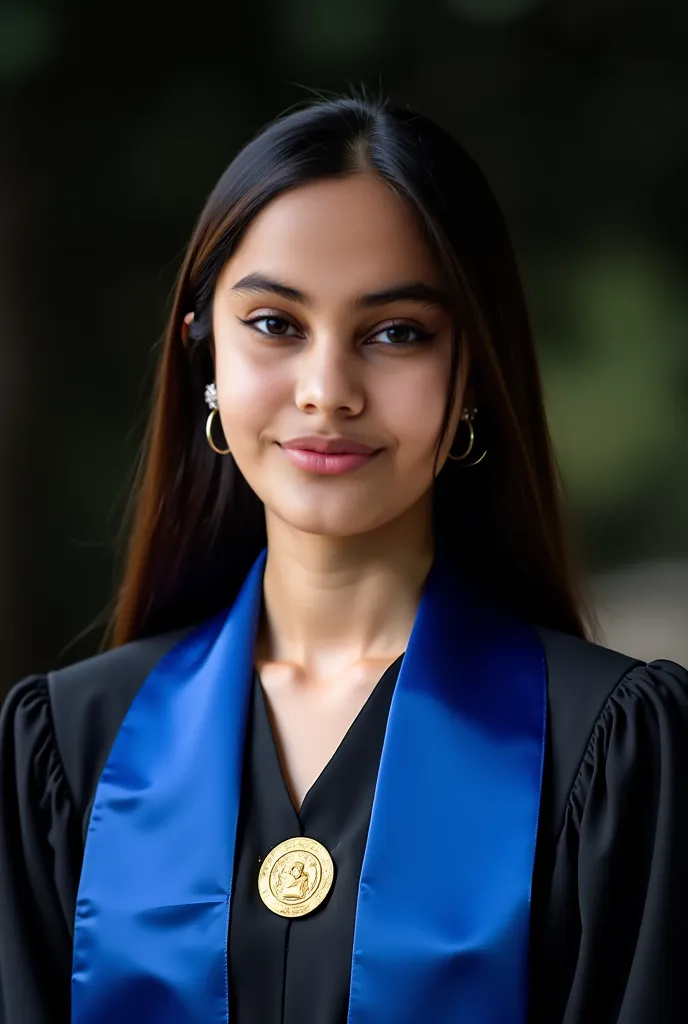 
"Portrait of a slender young woman, with long hair and, dressed in a black graduation gown and a blue stole.  has a serene expression , with natural makeup and subtle earrings. Her hair is styled straight , framing her face. The background is dark and blu...