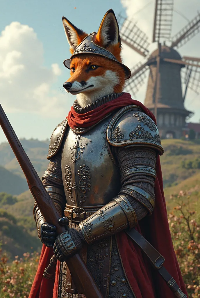 A cunning fox warrior in 17th-century Dutch mercenary armor, wearing a steel breastplate and a leather hat, holding a long musket, standing by a windmill."full image